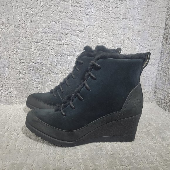 UGG Bridgit Women's Size US 6.5 Black Waterproof Wedge Heel Leather Ankle Boots - Picture 6 of 9